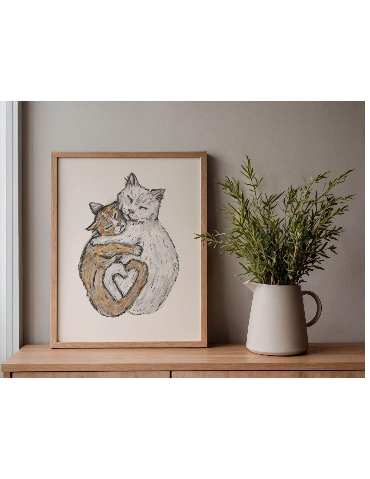 Cuddling Cats Heart – Watercolor & Ink Art Print