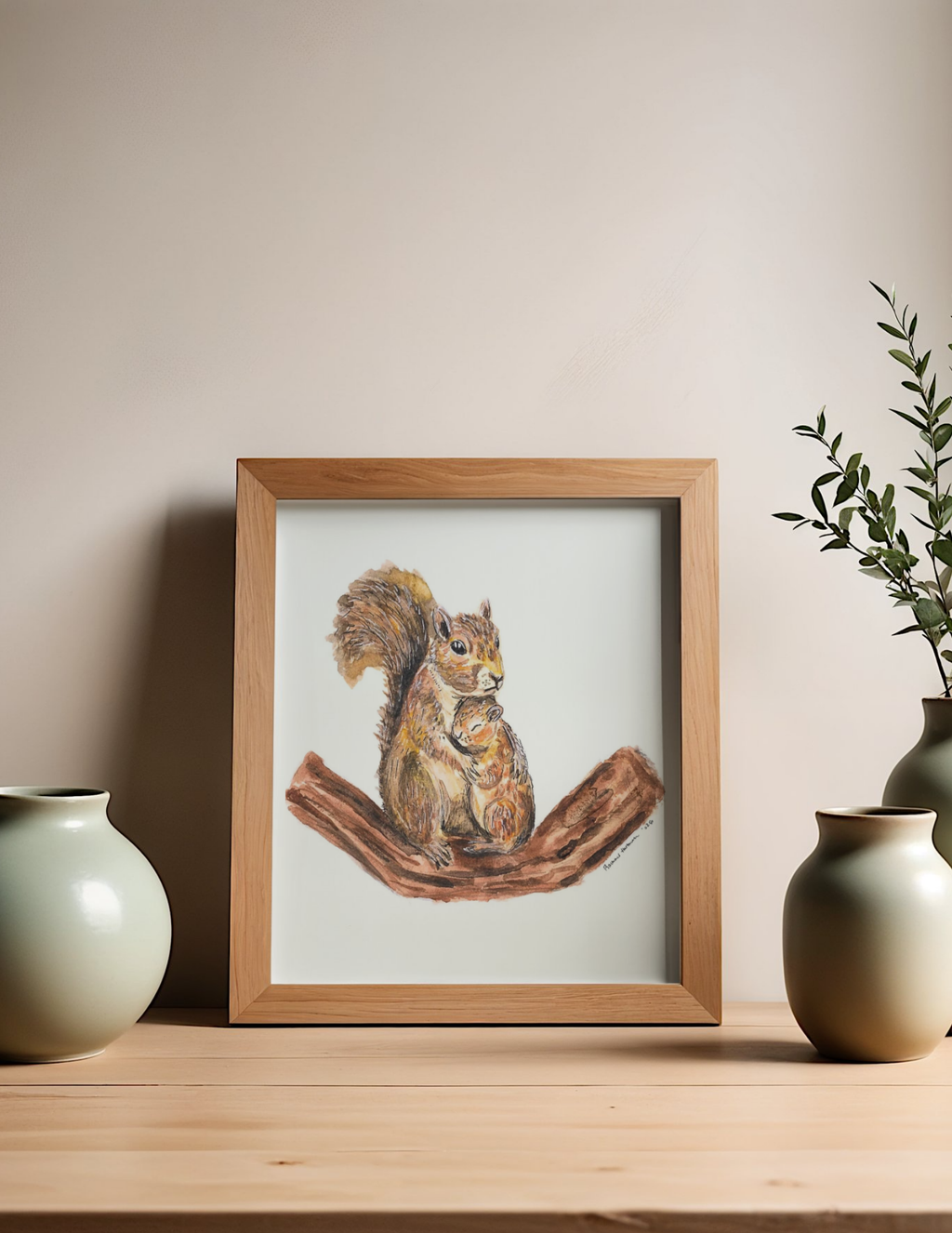 Mother Squirrel & Baby – Watercolor Art Print