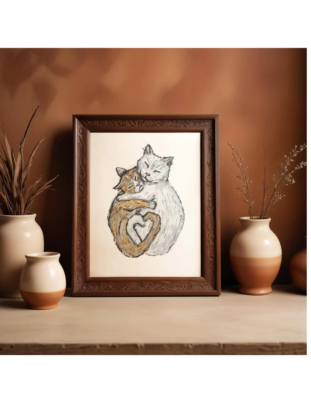 Cuddling Cats Heart – Watercolor & Ink Art Print